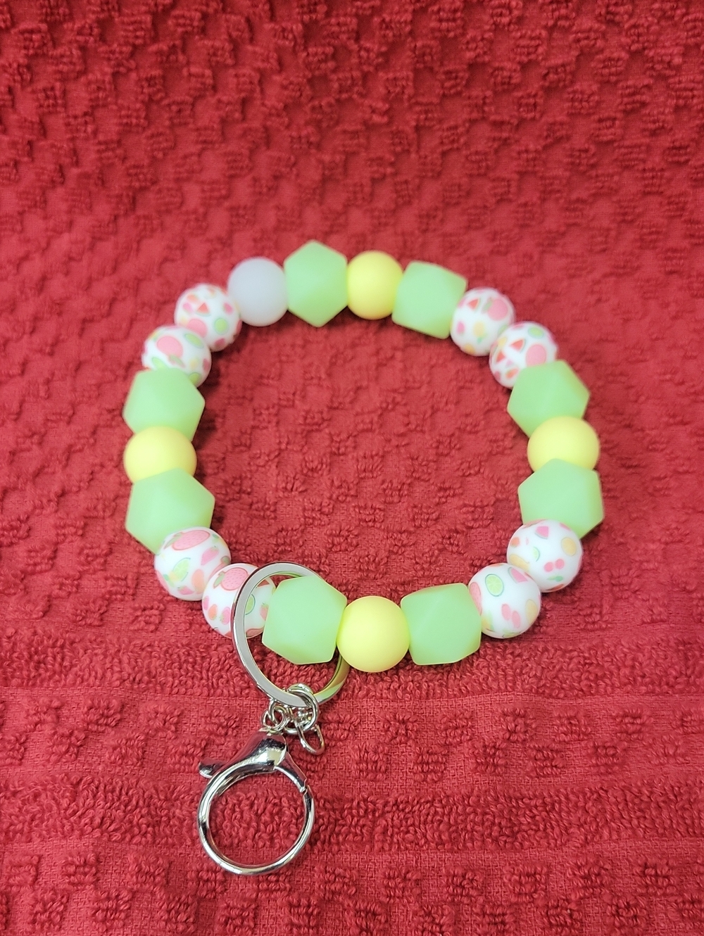 Beaded Wrist Keychain - Green, Yellow & Pink